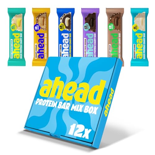 ahead Protein Riegel | Mix Box | 12 x 45g Extra softer Protein Riegel mit cremigem Kern | Low Carb Eiweißriegel ohne Zuckerzusatz & ohne Palmöl