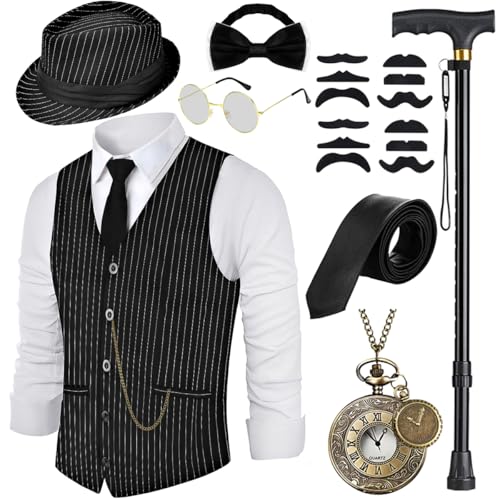 20er Jahre Kostüm Herren Streifen Weste mit Accessories, Faltbare Krücke Taschenuhr Bart Fedora Gläser, Krawatte, für Mafia Kostüm 1920S Gangster Peaky Blinders Karneval Halloween Mottoparty