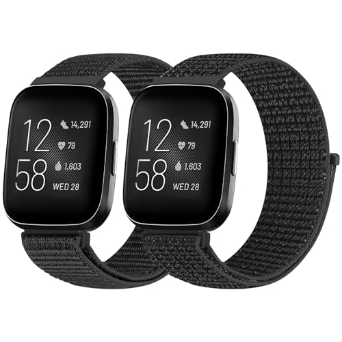 BTTNG Armband Kompatibel für Fitbit Versa 2/Fitbit Versa/Fitbit Versa Lite Armband für Herren Damen, Einstellbare Atmungsaktive Nylon Armbänder Sport Solo Loop Ersatzarmband (2 Stück)