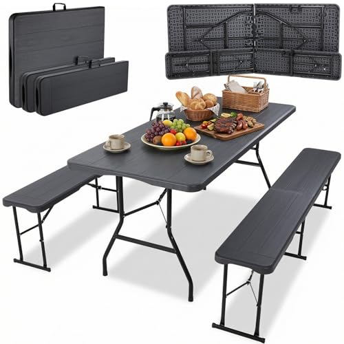 Bierzeltgarnitur Klappbar 3-teilig Set 1 Biertisch & 2pcs Bierbank Klappbar,Festzeltgarnitur Biertischgarnitur 180cm mit Tragegriff,Gartenmöbel Set Wetterfest,Campingtisch Outdoor & Indoor,Holz-Optik