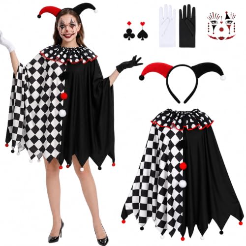 Halloween Clown Kostüm Damen Zirkus Kostüm Karneval Cosplay Mottoparty | 5er Clown Kostüm Damen mit Cape Stirnband Handschuhe Ohrringe Gesichtsaufkleber für Deinen Auftritt Zu Halloween Karneval