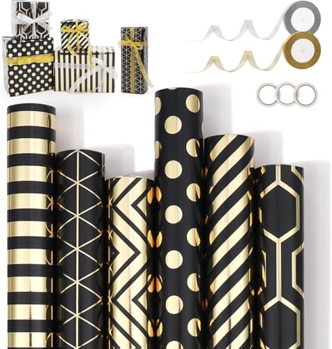 Weihnachtspapier Geschenkpapie, 6 Rollen 43 x 300cm Geschenkpapier Set, Schwarz Gold Geschenkpapierrolle, mit Schleifenband und Aufklebern, Geschenkpapierrollen für Geschenkkisten & Dekoration