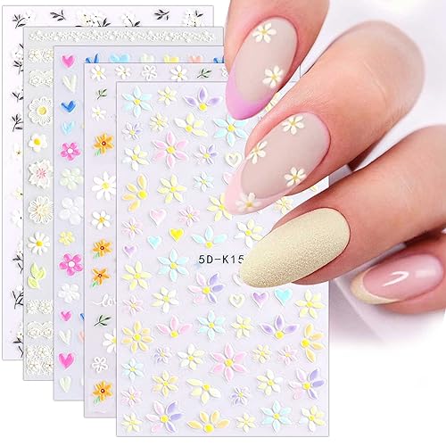 JMEOWIO 3D Nagelsticker Frühling Blumen 5 Blatt Nagelaufkleber 5D Stereoskopisch Selbstklebend Bunte Blüte Nail Art Sticker Dekoration Nageldesign Zubehör