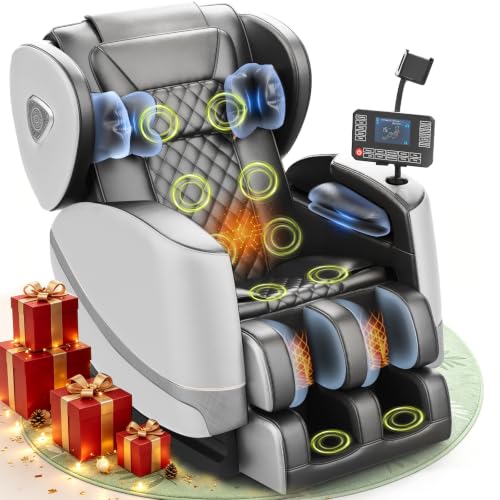 Massagesessel, Ganzkörper-Massagesessel mit Zero-Gravity, 14 Rollen und 8 Komfort-Airbags, Mit Heizfunktion für Taille und Beine Fußmassage, Bluetooth-Player und 2-in-1 Touchscreen (Hellgrau)