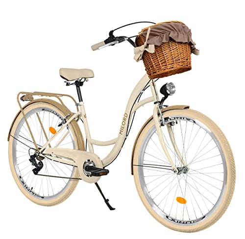 Generic Komfort Fahrrad Citybike Mit Weidenkorb Damenfahrrad Hollandrad, 28 Zoll, Creme-Braun, 7-Gang
