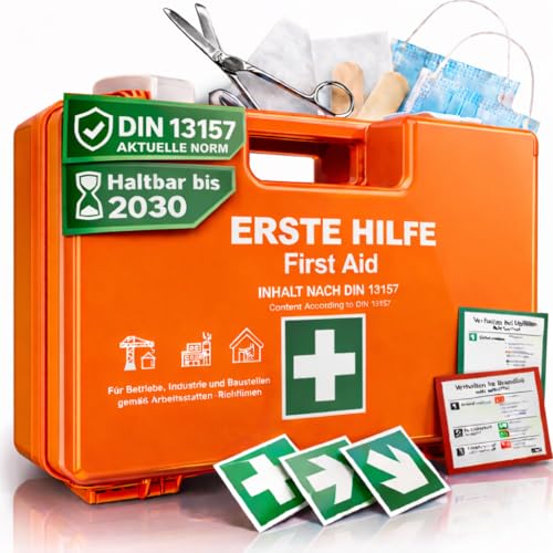 HELDENWERK® Erste Hilfe Kasten Version 2026 [DIN 13157:2021] inkl. Wandhalterung, 5x Aufkleber & Plombe – Verbandskasten für Betrieb, Gastronomie, Büro & Haushalt – Sanitätskasten - Erste Hilfe Set