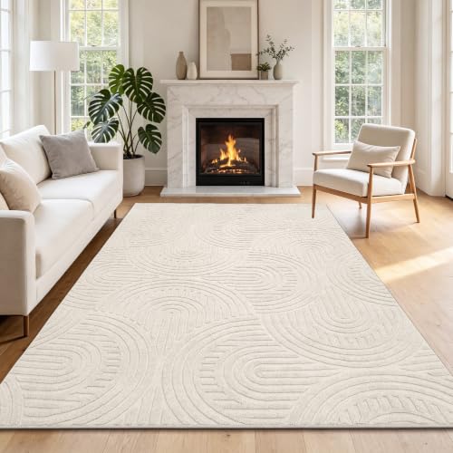 Enyhom Teppich Wohnzimmer Schlafzimmer 3D Optik Kurzflor Skandinavisch Teppiche Weich rutschfest Waschbar Pflegeleicht für Kinderzimmer, Beige Halbkreismuster, 160x230cm