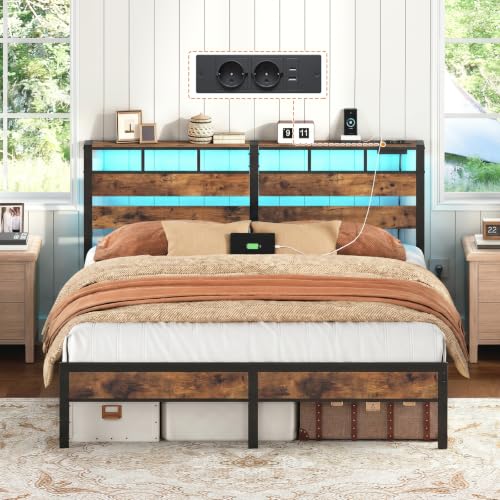 HOOBRO Bett 180 x 200 mit Lattenrost, Doppelbett mit Kopfteil, LED-Beleuchtung, Ladestation (2AC,2USB-A), Bettgestell 180 x 200 cm, Metallbett für Schlafzimmer, Vintagebraun und Schwarz EBF80CDBF01