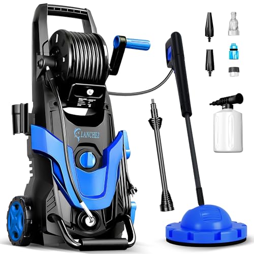2026 Upgrade Hochdruckreiniger 145 Bar, Fördermenge: 420 l/h, Flächenleistung: 50m²/h, mit Flächenreiniger, Schaumkanone und Schlauchtrommel, Wassersparend Autos und Einfahrten, Blau