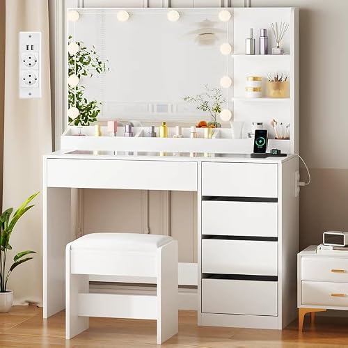 ANWBROAD Schminktisch mit LED Beleuchtung und Hocker, Glasplatte