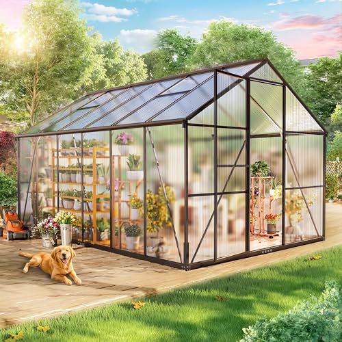 Wumagin Gewächshaus Aluminium für den Garten, 302x247x205cm Gewächshaus Aluminium mit Fundament, Verstellbare Dachentlüftung, Vielseitig nutzbar als Winterfest Aufzucht Pflanzenhaus und Pflanzenhaus