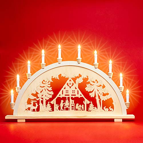 SIKORA LB57-10 klassicher XXL Holz Schwibbogen 10-flammig beleuchteter Lichterbogen Motiv WALDHAUS Deko Weihnachten Breite ca 71 cm