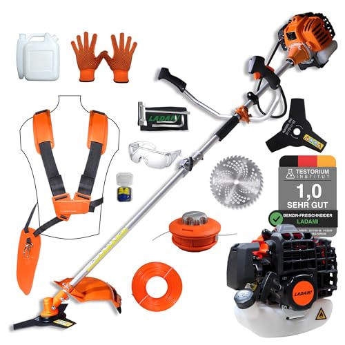 LADAMI Benzin Motorsense 52cc 2-Takt Rasentrimmer – 2-in-1 Multifunktion 3 PS Einzylinder-Motor mit 3-Zahn-Messer & Nylonschnur-Spule, Leistungsstark & Zuverlässig für Garten und Feld