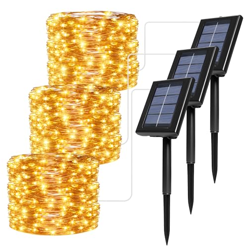 Soagrc 3 Stück Solar Lichterkette Outdoor - 3x20M 600 LED Lichterkette Außen, IP65 Wasserdicht, 8 Modi Solarlichterkette für Garten, Balkon, Terrasse, Baum, Warmweiß Deko Weihnachtsbeleuchtung