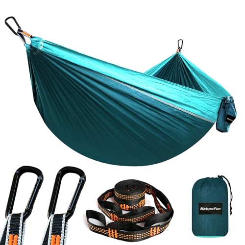 NATUREFUN Ultraleichte Reise Camping Hängematte | 300kg Tragkraft (275 x 140 cm) Atmungsaktiv, Schnelltrocknendes Fallschirm Nylon | 2 x Premium Karabiner,2 x Schlingen| Drinnen Draußen Garten