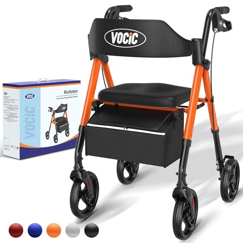 VOCIC Rollator Faltbar und Leicht mit Sit,Rollatoren Schmal für Wohnung,Rollatoren für Senioren Klappbar mit 20cm Reifen für All Gelände,Sitz und Griff Höhenverstellbar,5 Jahre Support|Orange