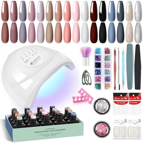 U V Nagellack Set, VANREESA 16 Farben Gel Nägel Set mit 48W U V/ LED Nagellampe Rosa Weiß Blau U V Nagellack Gelnägel Starterset mit Unterlack und Überlack Glänzenden Matten Maniküre Starter Set