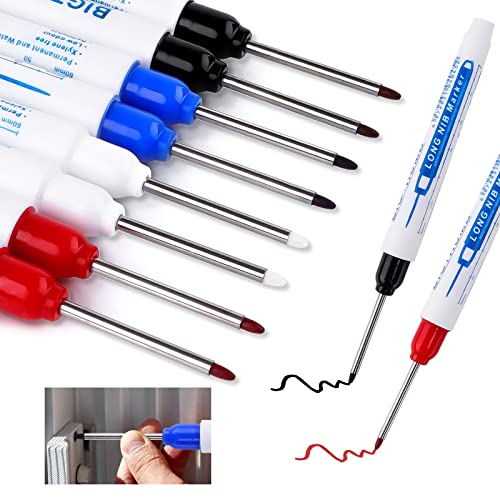 Tieflochmarker, Vaktop 8 Stück Bohrlochmarker, 30mm Extralange Spitze Tiefenlochmarker, Markierungsstift für Holz, Kunststoff, Wand, Metall, Karton Baustellen Stift (Schwarz, Blau, Rot, Weiß)
