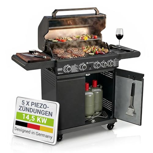 Juskys BBQ Gasgrill Savannah - 4 Brenner und 1 Seitenbrenner - XXL Stahl Gas Grill mit Gusseisen Grillrost, Kochfeld, Unterschrank für Gasflasche