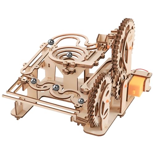 HOTUT Murmelbahn Trackball Modell Bausatz,253 Stück 3D Puzzle Holz Set,Wasserdorf Mechanische kugelbahn Holzpuzzle für Kinder 8 Jahre und älter und Erwachsene