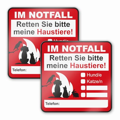 Hinweis-Aufkleber Set Haustier-Rettung I 2 Stück I 8 x 8 cm I Im Notfall retten Sie bitte meine Haustiere! I zum Ausfüllen I für Haus-Tür Kühlschrank und Auto I hin666