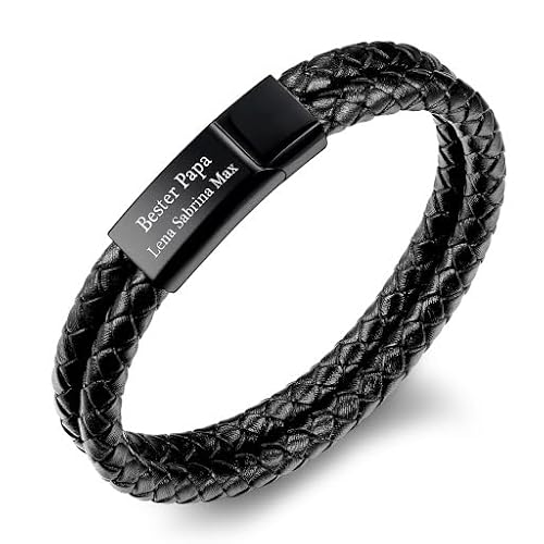 TMT Personalisiertes Herren Armband mit Gravur aus veganem Leder | Edelstahl Lederarmband Herren mit Magnetverschluss | Männer Armband mit Namen | Geschenke für ihn zum Weihnachten