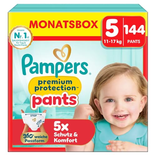 Pampers Premium Protection Pants Größe 5, 144 Windeln, 11kg-17kg, mit 360° Passform und weichen Anti-Auslaufbündchen für unseren besten Komfort und Schutz