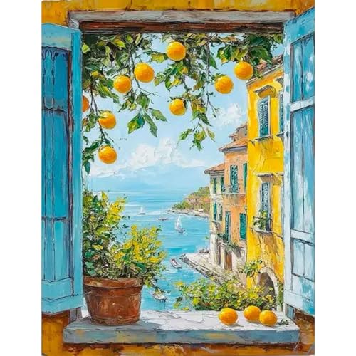 Yunruily Malen Nach Zahlen Erwachsene Zitronenbaum-Adult Paint by Numbers,Fenster-Ansicht Diy Malen Nach Zahlen und Acrylfarbe,zur Heimdekoration,Kein Rahmen (40cmx50cm)