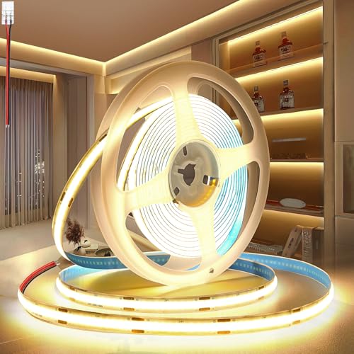 PERVADEO 12V COB LED Streifen Warmweiß 3000K, 5m Selbstklebend LED Strip 320LEDs/m 8mm Breite CRI90+ Flexibles LED Band helles Unterbaulicht für Fernseher, DIY Dekoration(Ohne Netzteil)
