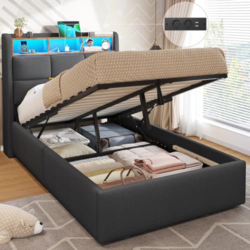 DICTAC Polsterbett 90x200 mit LED Beleuchtung und Steckdosenleiste Jugendbett 90x200 Einzelbett mit Lattenrost Bettgestell Erwachsene mit Stauraum Kopfteil,USB-Anschlüsse & Stauraum,Leinen,Dunkelgrau