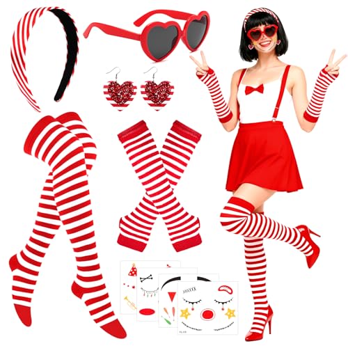Oerphh Karneval Rot Weiß Kostüm Accessoires mit Brille, rot-weißes Haarband, Socken, Handschuhe, Ohrringe, Clown-Tattoo-Aufkleber für Fasching Mottoparty Köln Kölle Haarreif Für Kölner Weiss Damen
