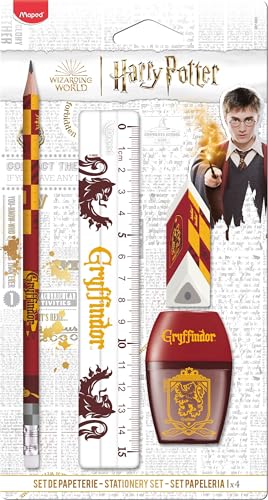 Maped - Gryffindor 4-teiliges Schreibwaren-Set – 1 transparentes Lineal 15 cm + 1 Anspitzer, 1 Loch + 1 Radiergummi + 1 Bleistift HB – Offizielles Lizenzprodukt von Harry Potter