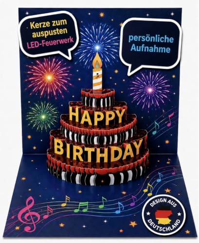 Geburtstagskarte mit Musik & Aufnahmefunktion – 3D Pop Up Kuchen mit Licht-Feuerwerk & 40 Sek. Sprachaufnahme – Happy Birthday Karte