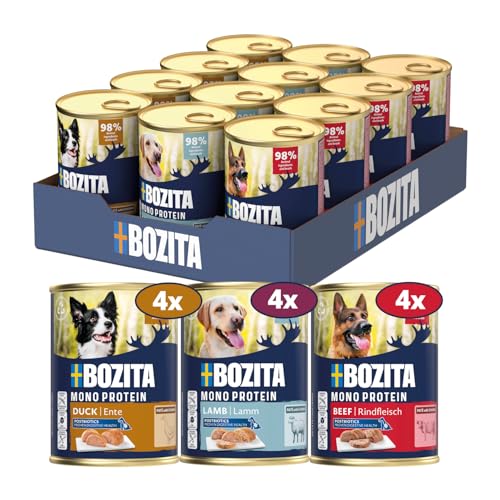 Bozita Dog Paté Mix Rind, Ente & Lamm 12×400 g – getreidefreies Nassfutter für Hunde mit Postbiotika – Singleprotein Pastete - Mixpack ohne Zuckerzusatz & künstliche Zusatzstoffe