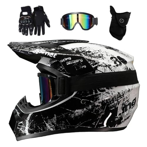 Doppelsport Motocross Helm Satz, Jugend Kinder Integral Offstraße Rennen Motorrad Absturz Helme, Bergab BMX MTB ATV Enduro Quad Dirtbike Helm, mit Brille Handschuhe Maske(White Black,L/56-57CM)