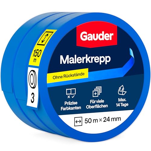 GAUDER Malerkrepp, Kreppband, Abklebeband Maler (3 Rollen - 24 mm x 50 m)
