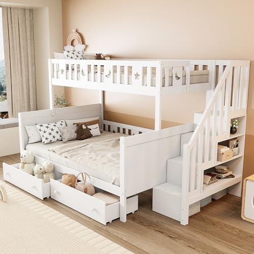 EINHOM Kinderbett 90x200/140x200 cm, Etagenbett mit Schubladen, Stauraumbett mit Offene Stauräume und Stauraumintegrierte Treppe, Lattenrost aus Holz, Ohne Matratze, Weiß