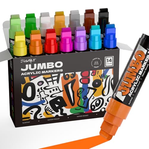 JusArt 14 Jumbo-Marker in verschiedenen Farben für Poster, 15 mm breite Spitze, dicke Acrylfarbenmarker für Stein, Stoff, Fenster, Metall, Holz und Wände
