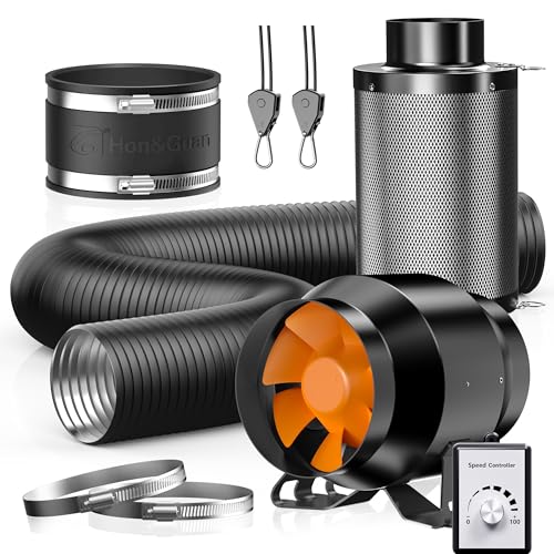 Hon&Guan Abluftset 100mm, Rohrventilator 100mm mit Drehzahlregler, Aktivkohlefilter Grow, Gummikupplung, Rohr Schlauchschellen Set Belüftungssystem für Growzelt Hydroponik Lüftung Growbox 3D Drucker