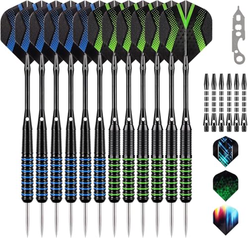 Grebarley Dartpfeile mit Metallspitze,12 Stück Profi Steeldarts 18 Aluminium Schaft mit 9 Flights 20 Orings