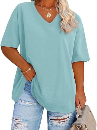 Fisoew Damen Große Größen T Shirt V-Ausschnitt,Hellblau,5XL