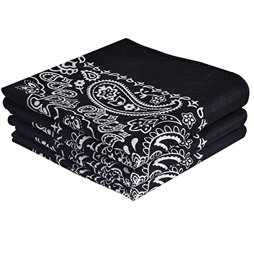 Every-ville 3er Pack Klassische Baumwoll-Bandanas - 100% Baumwolle, 55x55 cm, Paisley-Muster, Schwarz - Großes Halstuch für Damen & Herren​​