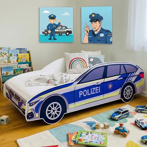 Kids Collective Autobett Kinderbett Jugendbett 70x140 | 80x160 mit Rausfallschutz Matratze optional | Polizei Polizeiauto Polizist Kinder Spielbett