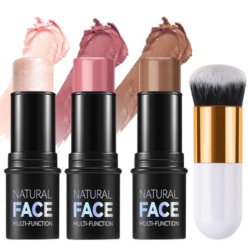 3Pcs Contour Highlighter Blush Sticks mit Pinsel - Creme Contour Bronzer Stick für Wangen Augen Lippen, lang anhaltende wasserdichte glatte Make-up-Sticks für alle Hauttypen Gesicht Make-up (Set B)