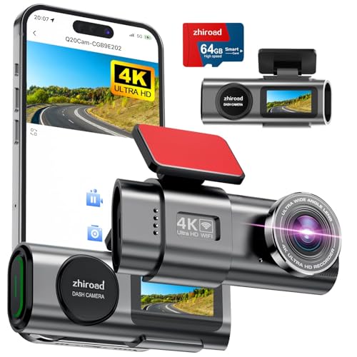 4K WiFi Dashcam Auto Vorne,App-Steuerung Auto Dashcam mit 64G SD-Karte und Abnehmbare Halterung,1.47