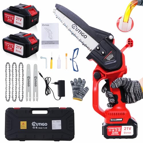 OUTIGO Mini Kettensäge mit Akku, Akku Kettensäge 8 Zoll mit 800W Bürstenlos, 8000mAh Akku, Handkettensäge für Gartenscheren Astschere Holzschneidenz