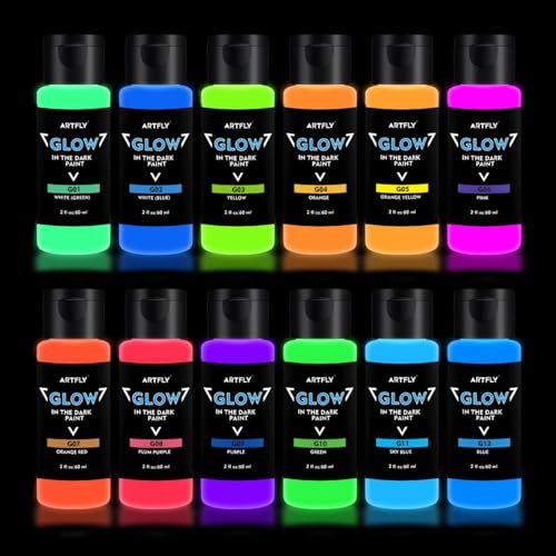 ARTFLY nachtleuchtende Farben, Fluoreszierende Leuchtfarbset mit 12 leuchtenden Farben á 60ml/2oz, Acryl Glow in The Dark Farbe perfekt Halloween- und Weihnachtsdekoration
