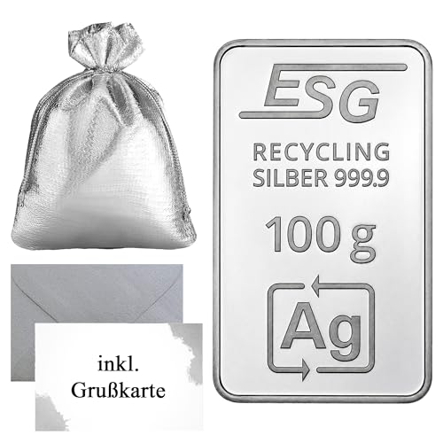 ESG Recycling Silberbarren Ag 999,9 Feinsilber – Made in Germany – Silberbarren mit Echtheitsgarantie, Grußkarte, Umschlag & Geschenkbeutel – Silbergeschenk von Silberstücke24 (100g)