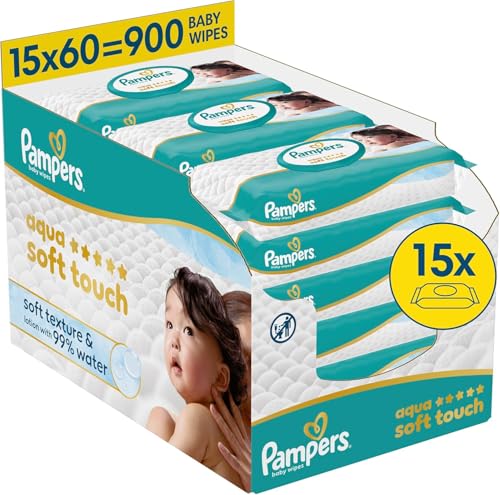 Pampers Aqua Soft Touch Baby-Feuchttücher, 15 Packungen mit 60 Feuchttüchern = 900 Baby-Feuchttücher, weiche Textur & Lotion mit 99% Wasser