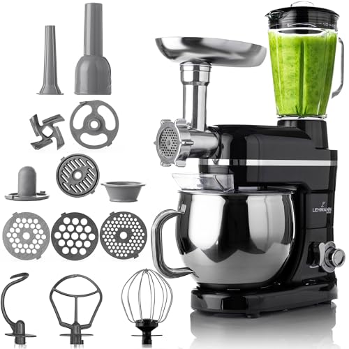 LEHMANN Küchenmaschine 3 in 1 mit Fleischwolf & Glasmixer 1,5L, Knetmaschine mit 5L Edelstahlschüssel, Planetarischem Rührsystem, 6 Stufen + Pulse, Teigmaschine für Brot, Pizza & Kuchenteig